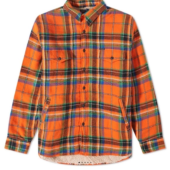 Polo Ralph Lauren Sherpa Lined Plaid Flannel Overshirt XXL Orange Blue Shacket - Picture 1 of 16